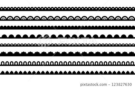 Lace edge border. Scallop on fabric frill. Vector set with embroidery ornament isolated on white background. 123827630