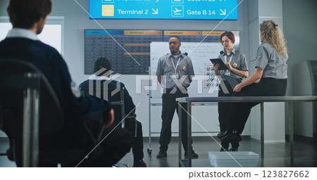 Planning Session with Airport Security Staff: Officer Holds Briefing, Instructs Team of Workers 123827662