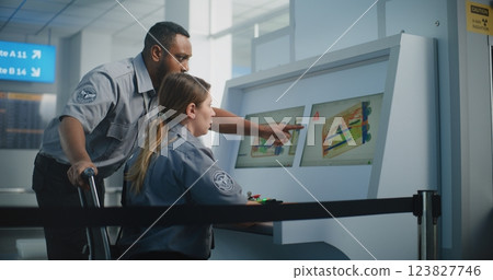 Two Diverse TSA Officers Analyzing X-ray Scanning Images of Baggage Screening on Computer Screens 123827746