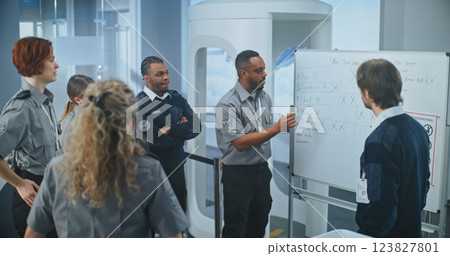 Security Officer Holds Briefing, Uses Whiteboard, Instructs Workers About Screening Procedures Security Officer Holds Briefing, Uses Whiteboard, Instructs Workers About Screening Procedures 123827801