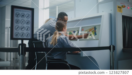 Two TSA Workers Controlling X-ray Scanning of Suitcase on Computer Monitors Two TSA Workers Controlling X-ray Scanning of Suitcase on Computer Monitors 123827807