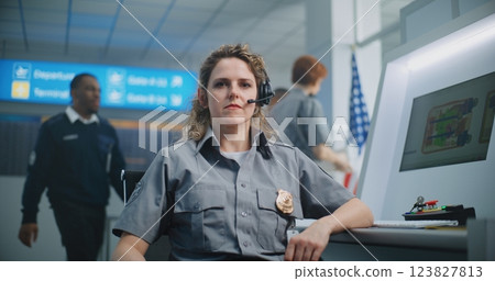 Portrait of Female Security Officer Sitting at Control Panel of X-ray Scanner, Looking at Camera Portrait of Female Security Officer Sitting at Control Panel of X-ray Scanner, Looking at Camera 123827813