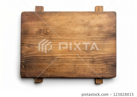 Photo of an empty wooden signboard with a natural finish isolated on a white background, perfect for custom messages 123828015