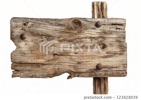 Highly detailed photo of a weathered wooden signboard with natural textures, isolated on a white background, ready for custom design Highly detailed photo of a weathered wooden signboard with natural textures, isolated on a white background, ready for custom design 123828039