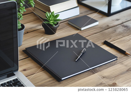 Sleek magazine ad mockup is casually placed on a wooden desk, surrounded by modern office essentials and green plants 123828065