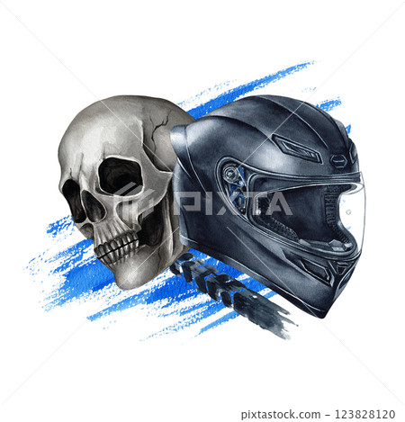 Moto helmet and scull on watercolor blue spot with tire track. Isolated crash helmet for motorcyclist and hand drawn human skull. Composition for poster, postcard, card, textile, stationary, stickers 123828120