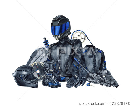 Motorcyclist gear and equipment illustration. Helmet, protective gloves and back, kneepad and boots, jacket. Chain and shock absorber. Watercolor composition isolated from background For moto stores Motorcyclist gear and equipment illustration. Helmet, protective gloves and back, kneepad and boots, jacket. Chain and shock absorber. Watercolor composition isolated from background For moto stores 123828128