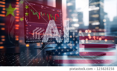 US-China economic competition visualized with sophisticated financial analysis workspace and futuristic data interface 123828158