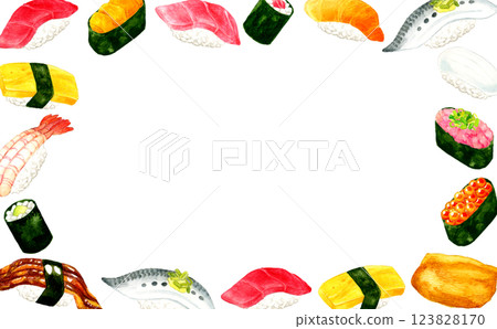 Frame of various types of sushi Japanese cuisine hand-drawn watercolor illustration background material Frame of various types of sushi Japanese cuisine hand-drawn watercolor illustration background material 123828170
