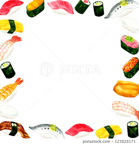 各種壽司日本料理手繪水彩插畫背景素材的框架 123828171