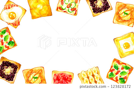 各種吐司安排的框架手繪水彩插圖背景材料,用於烹飪和咖啡廳菜單 各種吐司安排的框架手繪水彩插圖背景材料,用於烹飪和咖啡廳菜單 123828172
