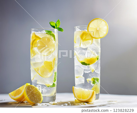 A glass of lemonade on a light background. Lemon slices and ice pieces are visible in the glass. A refreshing summer drink A glass of lemonade on a light background. Lemon slices and ice pieces are visible in the glass. A refreshing summer drink 123828229