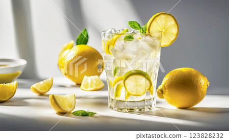 A glass of lemonade on a light background. Lemon slices and ice pieces are visible in the glass. A refreshing summer drink 123828232
