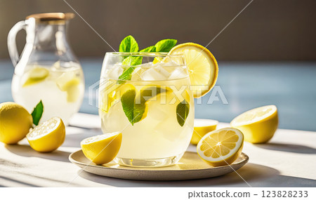 A glass of lemonade on a light background. Lemon slices and ice pieces are visible in the glass. A refreshing summer drink A glass of lemonade on a light background. Lemon slices and ice pieces are visible in the glass. A refreshing summer drink 123828233