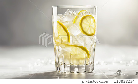 A glass of lemonade on a light background. Lemon slices and ice pieces are visible in the glass. A refreshing summer drink 123828234
