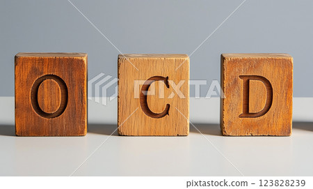 三個仿古風格的木塊上雕刻著“OCD”（強迫症）三個字母 | 溫暖的木紋 123828239