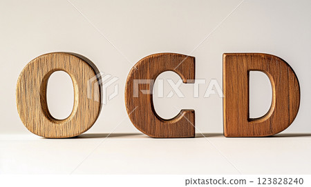 排列整齊的木質扁平 OCD 字母，象徵強迫症 | 溫暖的木紋 123828240