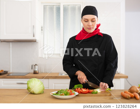 Female cook preparing food in kitchen Female cook preparing food in kitchen 123828264