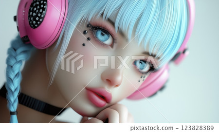Young girl with blue hair listening music in headphones. Girl face in headphone, beauty portrait. Design for music decor, dj, youth hobbies 123828389