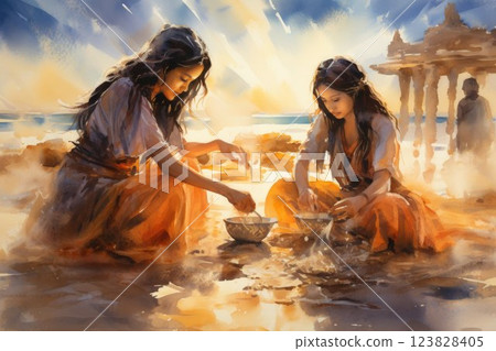 Mystic sand artists, creating intricate patterns and stories with their magical touch - Generative AI 123828405