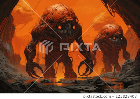 Ferocious lava golems, born from volcanic eruptions, with molten rock bodies - Generative AI 123828408