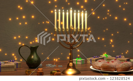 The Jewish holiday of Hanukkah, the traditional menorah and other attributes. 123828524