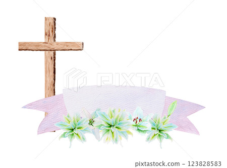 Cross with white lily garland and banner watercolor composition isolated on white background. Illustration perfect for Easter, Holy Thursday, christening baptism, wedding cards decor design 123828583