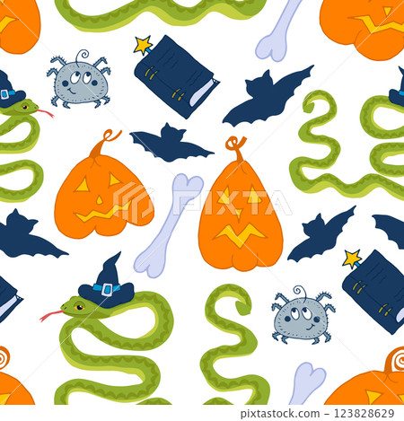Seamless halloween pattern snake and pumpkins Seamless halloween pattern snake and pumpkins 123828629