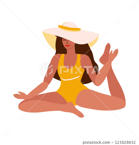 Young woman in swimsuit doing yoga Young woman in swimsuit doing yoga 123828632