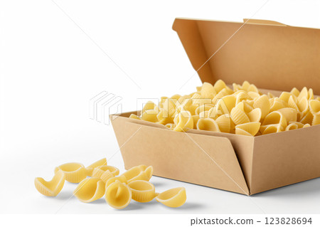Open cardboard pasta box filled with uncooked shell pasta, isolated on a white background with copy space, ideal for packaging design 123828694