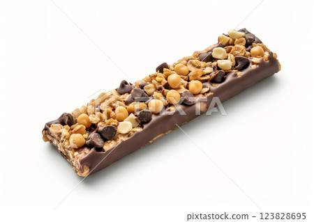Chocolate coated protein bar with nuts and chocolate chips isolated on a white backdrop mockup ready for branding 123828695