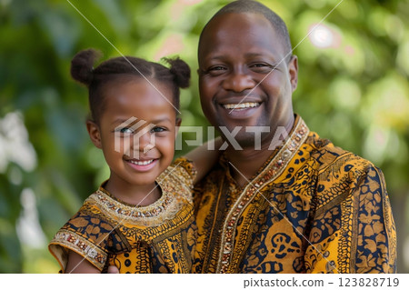 Father and daughter, both wearing traditional African clothing, are spending time together outdoors and enjoying each other's company 123828719