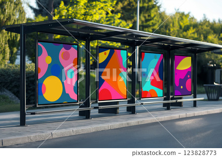 Modern bus stop shelter featuring colorful advertising mockup posters against a backdrop of lush trees and a clear blue sky Modern bus stop shelter featuring colorful advertising mockup posters against a backdrop of lush trees and a clear blue sky 123828773