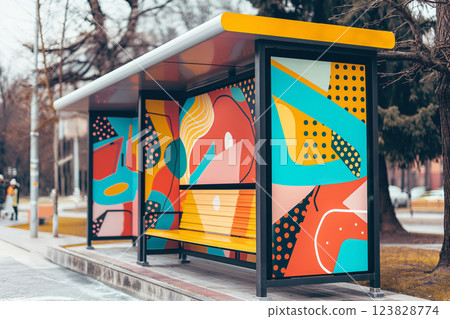 Eye-catching bus stop shelter featuring vibrant abstract art on an advertising mockup, set against an urban backdrop with a blurred street view Eye-catching bus stop shelter featuring vibrant abstract art on an advertising mockup, set against an urban backdrop with a blurred street view 123828774