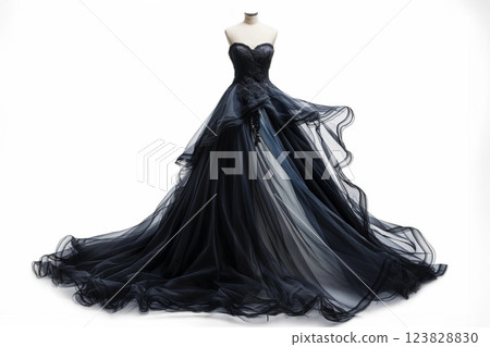 Stunning strapless black evening gown displayed on a mannequin, featuring intricate lace detailing and flowing tulle skirt isolated on white 123828830