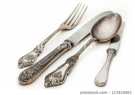 An ornate antique silverware set, featuring intricate patterns, isolated on a pristine white background An ornate antique silverware set, featuring intricate patterns, isolated on a pristine white background 123828861