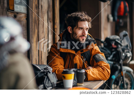 Content man pauses from his motorcycle ride to enjoy a warm coffee break at a rustic outdoor setting Content man pauses from his motorcycle ride to enjoy a warm coffee break at a rustic outdoor setting 123828862