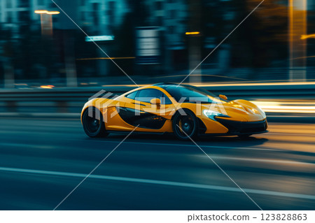 Sleek yellow supercar, blurring by with incredible speed on an urban road against a twilight backdrop Sleek yellow supercar, blurring by with incredible speed on an urban road against a twilight backdrop 123828863