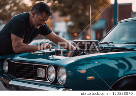 Focused man finetuning his vintage muscle car's engine in a serene evening setting captures the essence of automotive passion 123828870