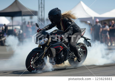 Woman in full protective gear executes a dynamic burnout on her sports bike, surrounded by billowing smoke at an outdoor event 123828881