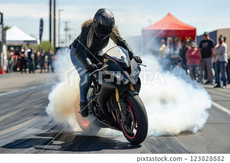 Woman demonstrates an impressive burnout on her sport bike amidst a crowd, with smoke enveloping the rear of the powerful motorcycle Woman demonstrates an impressive burnout on her sport bike amidst a crowd, with smoke enveloping the rear of the powerful motorcycle 123828882