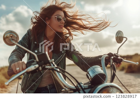 Stylish woman riding a classic motorcycle, with windblown hair and sunglasses, embodies freedom and adventure on a scenic road 123828917