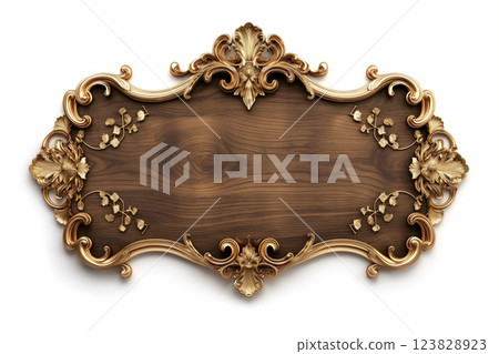 Sophisticated wood signboard adorned with ornate gold trim and floral accents, isolated on a white background for versatile use 123828923