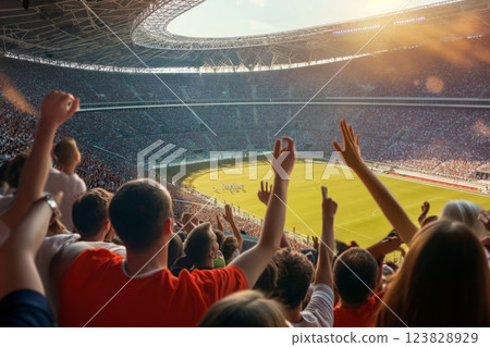 Energetic fans cheering at a sports event captured in a sunlit stadium with a vibrant, enthusiastic atmosphere perfect for advertising banners Energetic fans cheering at a sports event captured in a sunlit stadium with a vibrant, enthusiastic atmosphere perfect for advertising banners 123828929