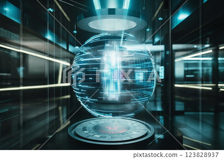 Stunning photo capturing a holographic ad mockup within a high-tech environment, evoking a sense of advanced technology and innovation 123828937