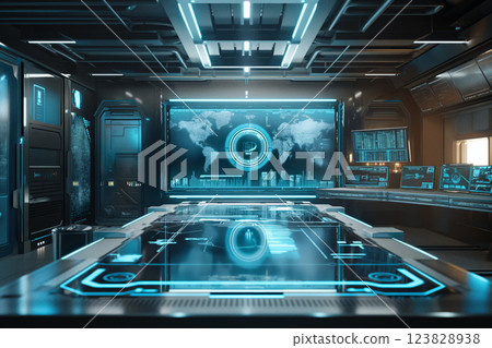 Empty holographic advertisement space within a high-tech control room, showcasing advanced technology and a futuristic design aesthetic 123828938