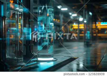 High-tech holographic advertisement display stands out in an urban environment, showcasing the seamless blend of advertising and technology High-tech holographic advertisement display stands out in an urban environment, showcasing the seamless blend of advertising and technology 123828939