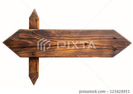 Rustic wooden signboard with beautiful grain texture, perfect for custom engravings or directional purposes, isolated on a white background 123828951