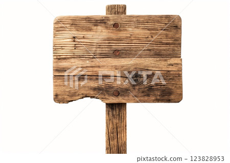 Handcrafted wooden signboard with detailed engraving and rustic finish, standing on a solid stake, isolated on a white background 123828953