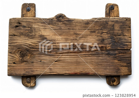 Handcrafted wooden signboard with detailed engraving, mounted on iron brackets, isolated on a white background for versatile use 123828954